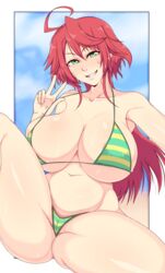 ahoge baku_ane_otouto_shibocchau_zo! beach big_breasts bikini breasts green_eyes hayasaki_yurine huge_breasts large_breasts long_hair peace_sign red_hair smug spread_legs striped striped_bikini stripes sweat sweatdrop thick_thighs thighs tinstarsp v wet wet_clothes