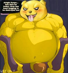 bear belly_bulge big_belly big_dom_small_sub botamo dragon_ball dragon_ball_super dyspo edit gay gay_domination interspecies larger_male leg_grab male male_only sex size_difference submissive submissive_male text_bubble tongue_out yaoi yellow_body