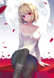 arcueid_brunestud blonde_hair blue_skirt female_only hong_(white_spider) horny miniskirt naked nipples only_female pleated_skirt possible_duplicate red_eyes skirt solo tsukihime type-moon