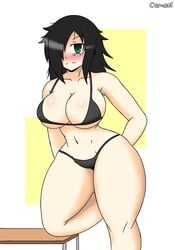 alternate_body_type alternate_breast_size big_breasts bikini black_hair camael eye_bags female green_eyes kuroki_tomoko large_breasts solo swimsuit thick_thighs watashi_ga_motenai_no_wa_dou_kangaetemo_omaera_ga_warui!