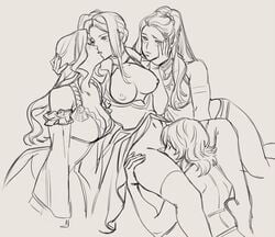 4girls braid breasts byleth_(fire_emblem) byleth_(fire_emblem)_(female) cleavage cunnilingus dorothea_arnault dress edelgard_von_hresvelg fire_emblem fire_emblem:_three_houses foursome greyscale hand_on_another's_face harem kissing line_art long_hair medium_breasts monochrome multiple_girls natural_virtue navel nintendo nipples oral petra_macneary post-timeskip side_ponytail spread_legs stomach thighhighs wavy_hair yuri