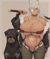 1boy 1girls 2d_(artwork) abs absurd_res animal_ears animal_girl areola_slip areolae between_legs black_panties black_underwear breasts canine cleavage dark-skinned_female dark_skin erect_nipples erect_nipples_under_clothes eyepatch female fur-trimmed_jacket fur_trim ghislaine_dedoldia grey_hair hi_res huge_breasts jacket katana large_breasts long_hair male messy_hair metal_owl muscle muscular_female mushoku_tensei nipples one_eye_covered orange_eyes pants pantsu parted_lips pubic_hair rottweiler scar scar_on_stomach sidelocks solo sword tail tail_ornament thick_thighs thighs underwear weapon white_pubic_hair