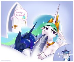 2021 absurd_res alicorn animal_genitalia animal_penis anthro balls border closed_eyes dialogue english_text equid equine equine_penis eyelashes female fingers friendship_is_magic genitals group hasbro hi_res horn male mammal my_little_pony oral penis princess_celestia_(mlp) princess_luna_(mlp) sex shining_armor_(mlp) spread_legs spreading synkosium text unicorn url white_border wings