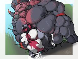 absurd_res anthro balls bodily_fluids bovid caprine chubby_male claws cum drooling duo genital_fluids genitals giant_panda grass hi_res league_of_legends male male/male mammal moob_grab moobs ornn penis plant saliva soulasexypanda squeezing sweat ursid