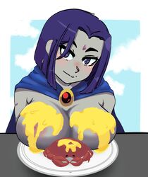 big_breasts cheese cheese_on_breasts dc dc_comics food_play large_breasts raven_(dc) straight_hair teen_titans topless