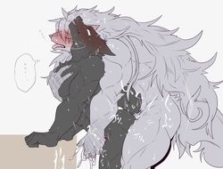 anal anthro blush bodily_fluids canid canine canis clawlion closed_eyes genitals hair hi_res male male/male male_penetrated male_penetrating male_penetrating_male mammal mane mane_hair muscular penetration sweat tongue tongue_out wolf