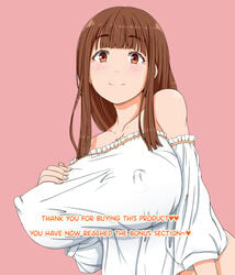 big_breasts brown_hair carrot_caramel_batake clothed clothing english_text erect_nipples erect_nipples_under_clothes female huge_breasts inside_breasts large_breasts long_hair nipple_bulge nipples_visible_through_clothing no_bra