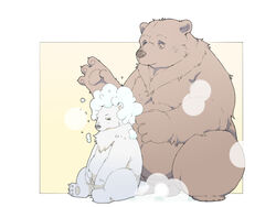 2021 4:3 anthro balls bathing brown_body brown_fur closed_eyes duo fur genitals humanoid_hands inunoshippo kemono male male_only mammal overweight overweight_male polar_bear sitting ursid ursine white_body white_fur