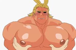 1boy abs all_might animated big_pecs black_eyes blonde_hair bouncing_pecs erect_nipples hands_behind_back male_only mostly_offscreen_character mouth_open pec_squeeze pecjob pecs tagme video