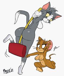 2girls anthro ass breasts domestic_cat female female_focus female_only hammer jerry_mouse majuv mouse multiple_girls nipples nudity pleasure_face rule_63 size_difference tom_and_jerry tom_cat turner_entertainment white_background