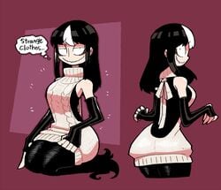 black_dress black_hair crap-man dress female mob_face monster_girl noss_the_nosferatu_(crap-man) original sweater_dress tagme thought_bubble tight_clothing tight_dress two_tone_hair virgin_killer_sweater