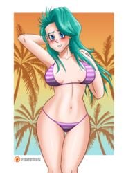 1girls bikini blue_eyes blue_hair blush breasts bulma_briefs bulma_briefs_(post_saiyan_saga) dragon_ball dragon_ball_z female female_only human light_skin palm_tree pensubz solo solo_female striped_bikini swimsuit