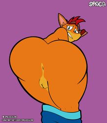 1boy absurd_res activision anus ass balls big_butt crash_(series) crash_bandicoot digital_media_(artwork) embarrassed fur genitals hair hi_res looking_at_viewer male male_only muscle_butt simple_background solo spaca text thick_thighs video_games wide_hips