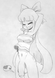 1futa abs aged_up balls blossom_(powerpuff_girls) blush bottomless breasts deltalewd eyes_closed flaccid flexing futanari graphite_(artwork) hearts intersex large_penis long_hair monochrome pencil_(artwork) penis powerpuff_girls ribbon sketch smiling stretching testicles traditional_media_(artwork)