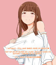 big_breasts brown_hair bug carrot_caramel_batake clothed clothing english_text erect_nipples erect_nipples_under_clothes female fetish insects inside_breasts large_breasts long_hair nipple_fetish nipple_pregnancy nipple_pregnant village_girl_(carrot_caramel_batake)