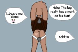 ambiguous_gender ass bovid brown_body brown_fur bullying caprine clothing digital_media_(artwork) forced forced_exposure forced_undressing fur goat group heart_marking long_ears male male/ambiguous mammal markings panties pixel_art speech_bubble toridiaz underwear undressing