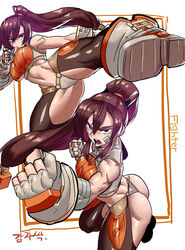 1girls ass bandage breasts brown_eyes brown_hair clothed dungeon_and_fighter dungeon_fighter_online female_only fighter_(dungeon_and_fighter) fighting gamjasssak midriff ponytail revealing_clothes scar scars sorysam2005 striker_(dungeon_and_fighter) thong toned