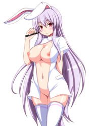 1girls animal_ears blush breasts bunny_ears ebi_193 flashlight garter_straps large_breasts long_hair naked_shirt nipples no_bra no_panties nurse purple_hair pussy red_eyes reisen_udongein_inaba revision shirt short_sleeves smile solo standing thighhighs touhou uncensored very_long_hair white_legwear