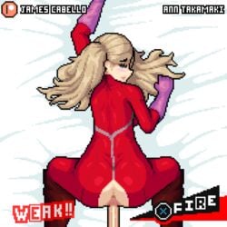 1boy 1girls 2d 2d_animation animated ann_takamaki ass ass_cutout bed blonde_hair blue_eyes blush clothed clothing female footwear handwear human james_cabello looking_at_viewer looking_back male penetration penis persona persona_5 pixel_animation pixel_art sex twintails