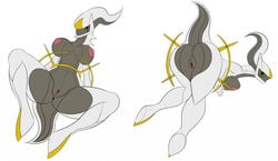 anthro anus arceus ass breast_squish breasts duo female genitals legendary_pokémon looking_at_viewer looking_back nintendo pokémon_(species) pokemon presenting presenting_hindquarters presenting_pussy pussy rorrek simple_background solo spread_legs spreading squish video_games white_background