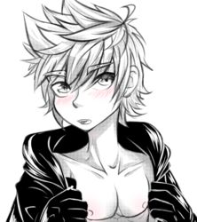 blonde_hair blush gloves handwear human jacket kingdom_hearts looking_at_another male male_focus male_only monochrome nobody_(kingdom_hearts) outerwear partially_clothed pecs roxas solo spiky_hair twink young