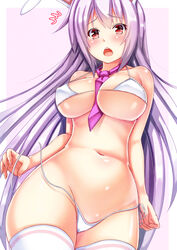 ^^^ animal_ears bikini blush breasts bunny_ears chestnut_mouth cowboy_shot ebi_193 female large_breasts long_hair navel necktie open_mouth purple_hair purple_neckwear red_eyes reisen_udongein_inaba solo string_bikini swimsuit thighhighs touhou very_long_hair white_bikini