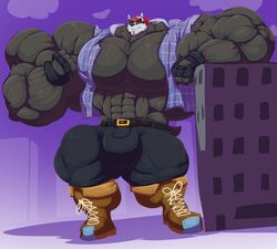 2020 anthro badger bandana big_bulge big_muscles big_pecs black_body black_fur bobert bottomwear building bulge clothing fingerless_gloves fist flannel footwear fur gloves grin hand_on_building handwear huge_bulge huge_muscles huge_pecs hyper hyper_bulge hyper_muscles kerchief leaning looking_at_viewer macro male mammal muscular muscular_anthro muscular_male mustelid musteline pants pecs plantigrade shoes sky smile solo standing