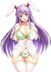 animal_ears ass_visible_through_thighs bow bow_bra bow_panties bra breasts bunny_ears buttons cleavage dress_shirt ebi_193 female green_bra green_panties large_breasts long_hair looking_at_viewer off_shoulder panties pink_eyes purple_hair red_bow reisen_udongein_inaba shirt short_sleeves simple_background skindentation smile solo thighhighs touhou underwear white_background white_legwear white_shirt wing_collar