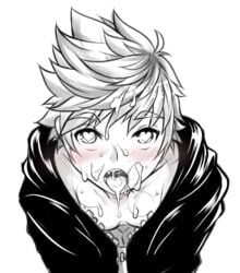 1boy black_coat black_jacket blonde_hair blush coat cum cum_in_mouth cum_inside cum_on_body cum_on_face cum_on_hair cum_on_tongue femboy gay girly heart-shaped_pupils heavy_breathing human jacket kingdom_hearts looking_at_partner looking_at_viewer looking_up male male_focus male_only monochrome navel nobody_(kingdom_hearts) open_mouth outerwear panting pecs roxas sorah_daiisuke spiky_hair tongue tongue_out twink yaoi