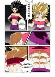 abs back_muscles caulifla comic comic_page commission depraveddefense dragon_ball dragon_ball_super female female_saiyan growling muscle_growth muscular_female muscular_thigh screaming speech_bubbles super_saiyan veiny_arms veiny_muscles