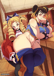 2girls blonde_hair blush brown_hair chun-li clothed female karin_kanzuki mostly_clothed pants_down partially_clothed pinkseito ringlets street_fighter street_fighter_v thighs undressing undressing_another yuri