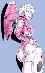 1girls 2d arcee arcee_(g1) ass back back_view big_ass big_butt blue_eyes color female female_only looking_at_viewer looking_back pink_lips rear_view robot robot_girl simple_background solo solo_female tagme_(artist) thick_ass thick_thighs transformers transformers_g1 unknown_artist