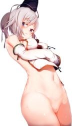 arm_under_breasts bangs bar_censor blush bottomless breasts censored closed_mouth commentary_request detached_sleeves eyebrows_visible_through_hair female hagure_kedama hat highres japanese_clothes legs_together long_sleeves medium_breasts mononobe_no_futo navel ponytail purple_eyes pussy shirt short_hair silver_hair simple_background solo sweat tate_eboshi touhou white_background white_shirt wide_sleeves