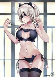 1girls blush breasts cameltoe cat_ears cat_lingerie cleavage cleavage_cutout cute female madbunny navel nier:_automata solo tagme thighhighs yorha_2b