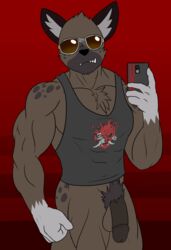 aggressive_retsuko anthro bottomless bottomless_male clothed clothing eyewear flameydragwasp haida humanoid hyaenid male male_focus mammal muscular muscular_anthro muscular_male sanrio selfie shirt smooth_fur solo sunglasses tank_top topwear_down