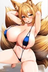 1girls :o alternate_costume animal_ear_fluff animal_ears areola_slip areolae arms_behind_head arms_up bangs blonde_hair blush breasts collarbone crossed_bangs eyebrows_visible_through_hair fox_ears fox_tail from_above hair_between_eyes huge_breasts looking_at_viewer marota_(imyme_maro) multiple_tails navel no_hat no_headwear o-ring open_mouth ran_yakumo short_hair simple_background slingshot_swimsuit solo squatting sweat swimsuit tail toenail_polish touhou white_background yellow_eyes