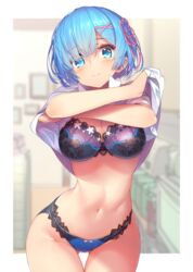 female_only hong_(white_spider) horny lingerie looking_at_viewer only_female panties re:zero_kara_hajimeru_isekai_seikatsu rem_(re:zero) solo undressing