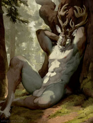 3:4 against_tree animal_genitalia anthro antlers balls capreoline casual_nudity cervid closed_eyes forest fully_sheathed genitals hands_behind_head hi_res honovy hooves horn male mammal muscular muscular_anthro muscular_male nude outside plant reindeer relaxing sheath sitting solo text tree url