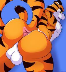 anal_stretching anthro ass balls big_balls blue_nipples felid frosted_flakes fur furry furry_ass furry_ears furry_only furry_tail genitals hi_res kellogg's male male_only mammal mascot mazilion muscular muscular_anthro muscular_male nipples pantherine solo solo_male spread_butt spreading stripes tiger tony_the_tiger