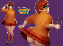 1girls 3d artist_name ass bbw big_breasts blush breasts busty chubby crisisbeat female glasses hanna-barbera huge_ass large_ass light-skinned_female light_skin nerd red_hair scooby-doo self_exposure short_hair skirt_lift text upper_body velma_dinkley voluptuous