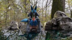 3d anal anal_sex animal_genitalia animal_penis anthro blender_(software) blue_body blue_fur canine_penis duo fur genitals hi_res human human_on_male human_penetrating liuke448 lucario male male/male male_penetrated male_penetrating male_penetrating_male mammal nintendo penetration penis pokemon pokemon_(species) pond red_eyes reflection rock video_games