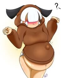 1girls baby_kicking belly_button big_belly big_breasts blush breasts fangs female female_only fetal_movement goomba goomba_girl hair_over_eyes hidden_eyes hoodie kicking mario_(series) nintendo panties pregnant ready_to_pop short_hair signature simple_background solo standing stomach_bulge thighs w_arms wakingslime white_background white_hair