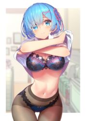 female_only hong_(white_spider) horny lingerie looking_at_viewer only_female panties pantyhose re:zero_kara_hajimeru_isekai_seikatsu rem_(re:zero) solo undressing