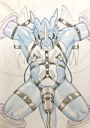 anthro blue_body blue_skin bodily_fluids bondage bondage bound bound_wings breast_milking breasts closed_eyes digimon digimon_(species) dragon exveemon gag gagged genitals hi_res horn lactating machine male membrane_(anatomy) membranous_wings muzzle_(object) muzzled penile penis penis_milking restrained scalie shackles solo sweat traditional_media_(artwork) wings zazpihuts