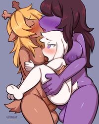 1boy 2futas anthro areolae asriel_dreemurr balls big_balls big_breasts big_penis big_thighs blush breast_sucking breastfeeding_during_sex breasts brown_nipples crybleat dark-skinned_futanari dark_skin deltarune double_anal double_penetration erect_nipples erection furry futa_on_male futanari huge_cock intersex kissing large_breasts large_penis larger_futanari male male_penetrated nipples noelle_holiday nude penis purple_nipples purple_penis purple_skin sandwiched size_difference smaller_male stand_and_carry_position standing standing_sex susie_(deltarune) susie_(light_world_form) testicles thick_penis threesome undertale_(series)