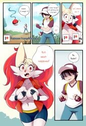 absurd_res anthro braixen bray_(lucyfercomic) breasts censored censored_breasts clothing confusion covered_breast duo english_text excited exposed_breasts female hair_over_eyes hat headgear headwear hi_res holding_breast human lucyfercomic male mammal nintendo nipple_censor patreon patreon_logo pokémon_(species) pokeball pokemon pokemon_(species) sparkles speech_bubble text video_games