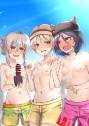 3girls absurdres alternate_hairstyle angry armpits arms artist_request beach blonde_hair blue_hair blue_sky blurry blurry_background blush breasts brown_eyes censored collarbone day dildo embarrassed eyepatch eyepatch_removed female_focus grey_hair hands hayasaka_mirei highres holding hoshi_shouko idolmaster idolmaster_cinderella_girls looking_at_another male_swimwear male_swimwear_challenge medium_hair mens_swimsuit_challenge morikubo_nono multicolored_hair multiple_girls namco navel neck nipples oerba_yun_fang open_mouth outdoors oversized_clothes purple_hair sex_toy shiny shiny_skin short_hair silver_hair sky small_breasts standing summer sunlight sweat sweatdrop swim_trunks swimwear tied_hair topless two-tone_hair yellow_eyes