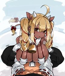1boy 1girls ahoge blonde_hair blush breasts brown_eyes cleavage clothing cow_ears cow_girl cow_tail cowbell dark-skinned_female dark_skin ear_piercing earrings eyepatch_bikini female female_focus female_on_top heart horns long_hair looking_at_viewer male nipple_teasing pov pov_eye_contact steamy_breath tail tail_wagging twintails very_high_resolution zanamaoria