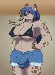 1futa 2020 anthro bikini bikini_top black_bikini black_bikini_top black_clothing black_swimwear blue_bottomwear blue_clothing blue_hair bottomwear breasts bulge cigar cutoffs denim denim_clothing ear_tuft elza_(ishuzoku_reviewers) fur fur_tuft furry furry_intersex futanari genital_outline hand_on_hip highres hyaenid intersex ishuzoku_reviewers mammal nipple_outline pose shorts smoke smoking solo spots spotted_body swimwear testicles_outline tuft yaudizz