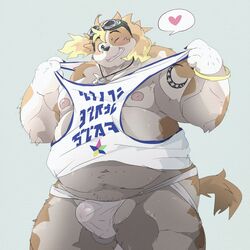 1:1 1boy 2021 anthro balls belly bulge canid canine canis clothed clothing domestic_dog dumdum genitals heart hi_res hisaki_(live_a_hero) humanoid_hands jockstrap kemono live-a-hero male male_only mammal moobs nipples one_eye_closed overweight overweight_anthro overweight_male shirt solo tank_top text text_on_clothing text_on_shirt text_on_topwear topwear underwear video_games wink